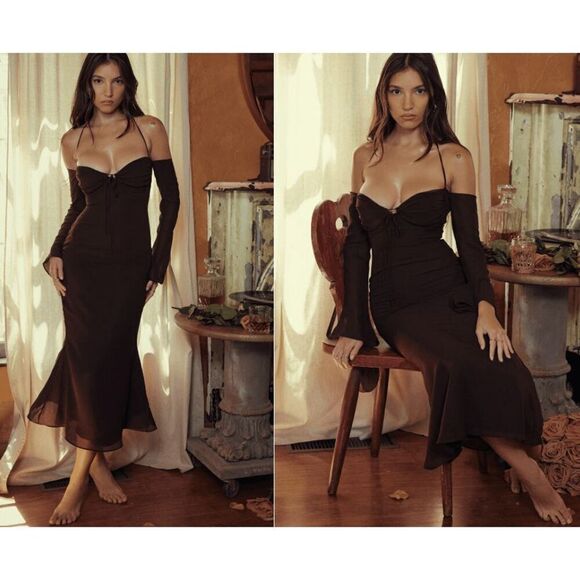 House of CB Naomi Halter Midi Dress Espresso Brown Back Zip Plus Cup Size XS - Picture 1 of 16